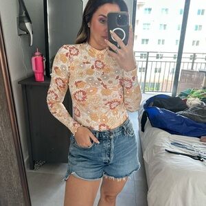Pink Lily Floral Bodysuit in Orange and Cream